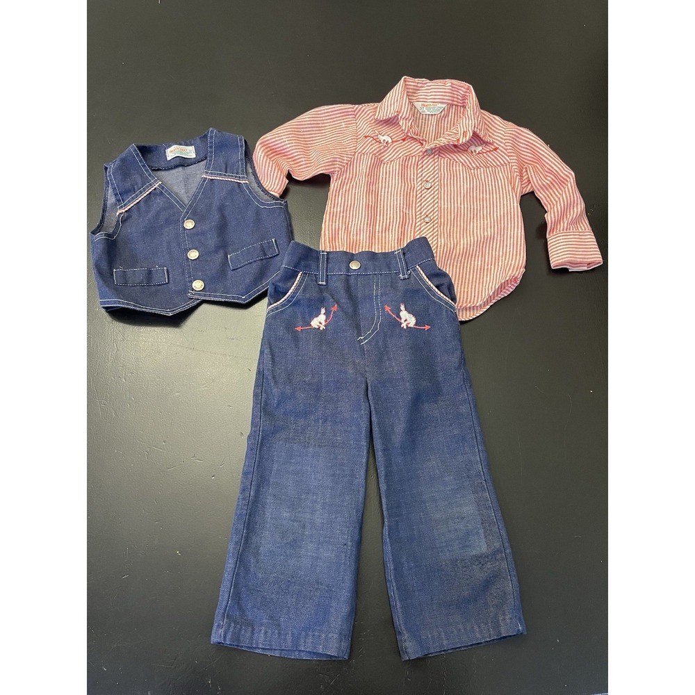 Health-Tex Vintage 1970s Western Embroidered 3 PC Vest Jeans Outfit Toddler 3T